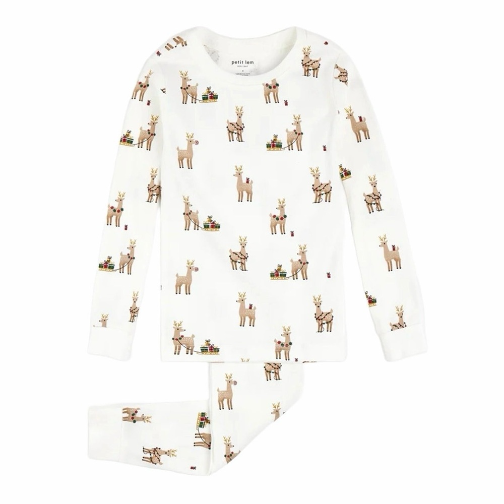 Petit Lem Reindeer Print Holiday Pajama Set NWT